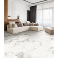 Muscat Porcelain 60 x 120cm white marble-effect tiles with a beige sectional sofa