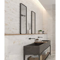 Muscat Wall Ceramic white marble-effect ceramic tiles with black-framed mirrors