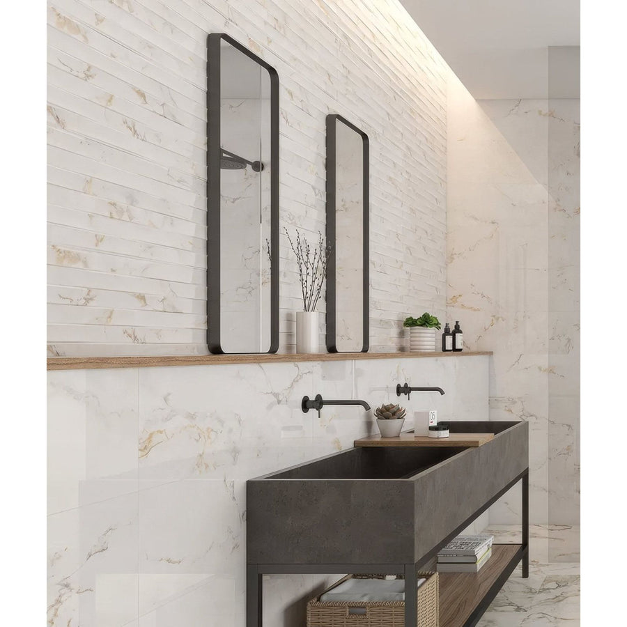 Muscat Wall Ceramic white marble-effect ceramic tiles with black-framed mirrors