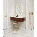 Muscat Wall Ceramic white marble-effect ceramic tiles with a round mirror and wooden vanity
