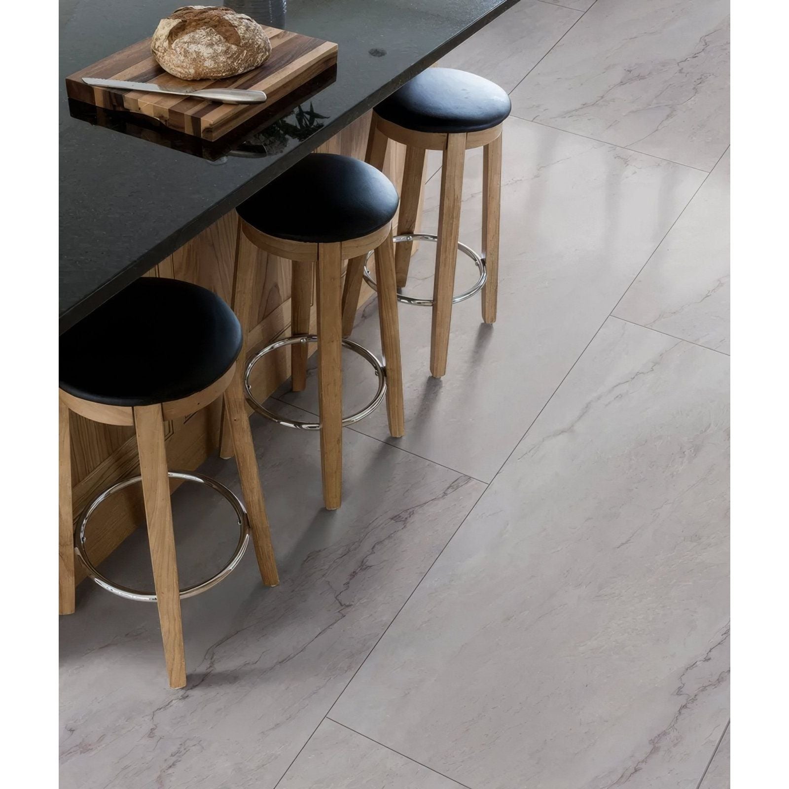 Mystery White Porcelain Matt 59.5 x 120cm white marble-effect tiles with wooden bar stools