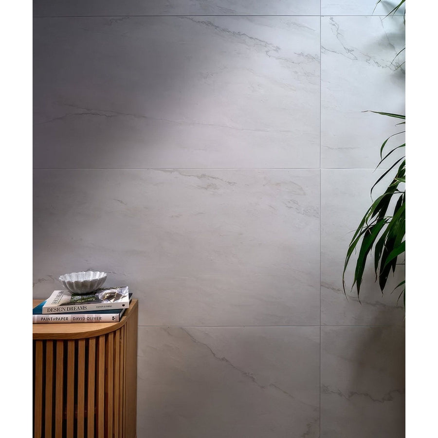 Mystery white porcelain matt wall tiles 59.5 x 120cm with white marble effect and subtle gray veining