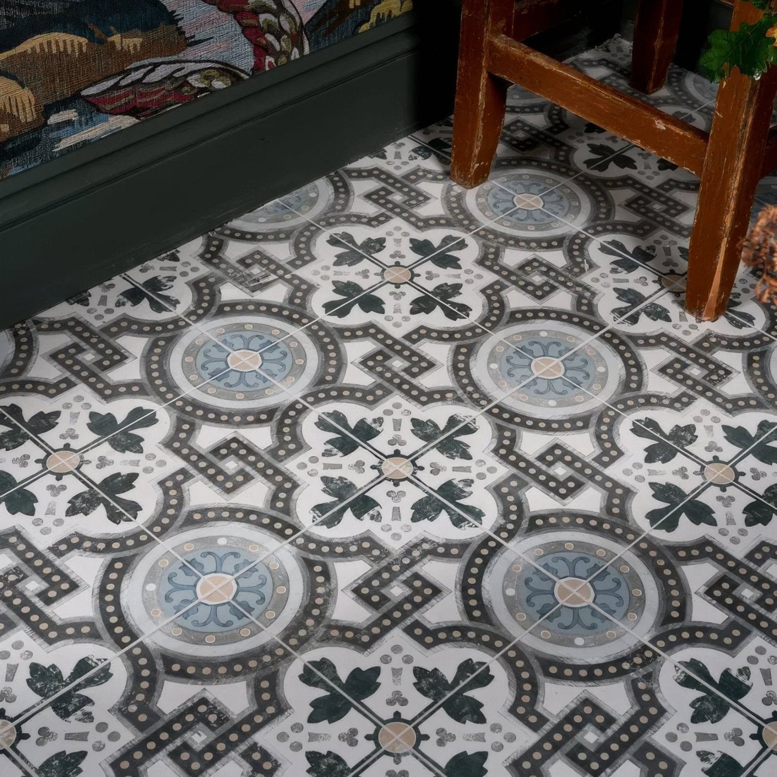 Vintage style orleans ceramic matt floor tiles with white base black gray geometric and blue floral patterns