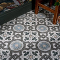 Vintage style orleans ceramic matt floor tiles with white base black gray geometric and blue floral patterns