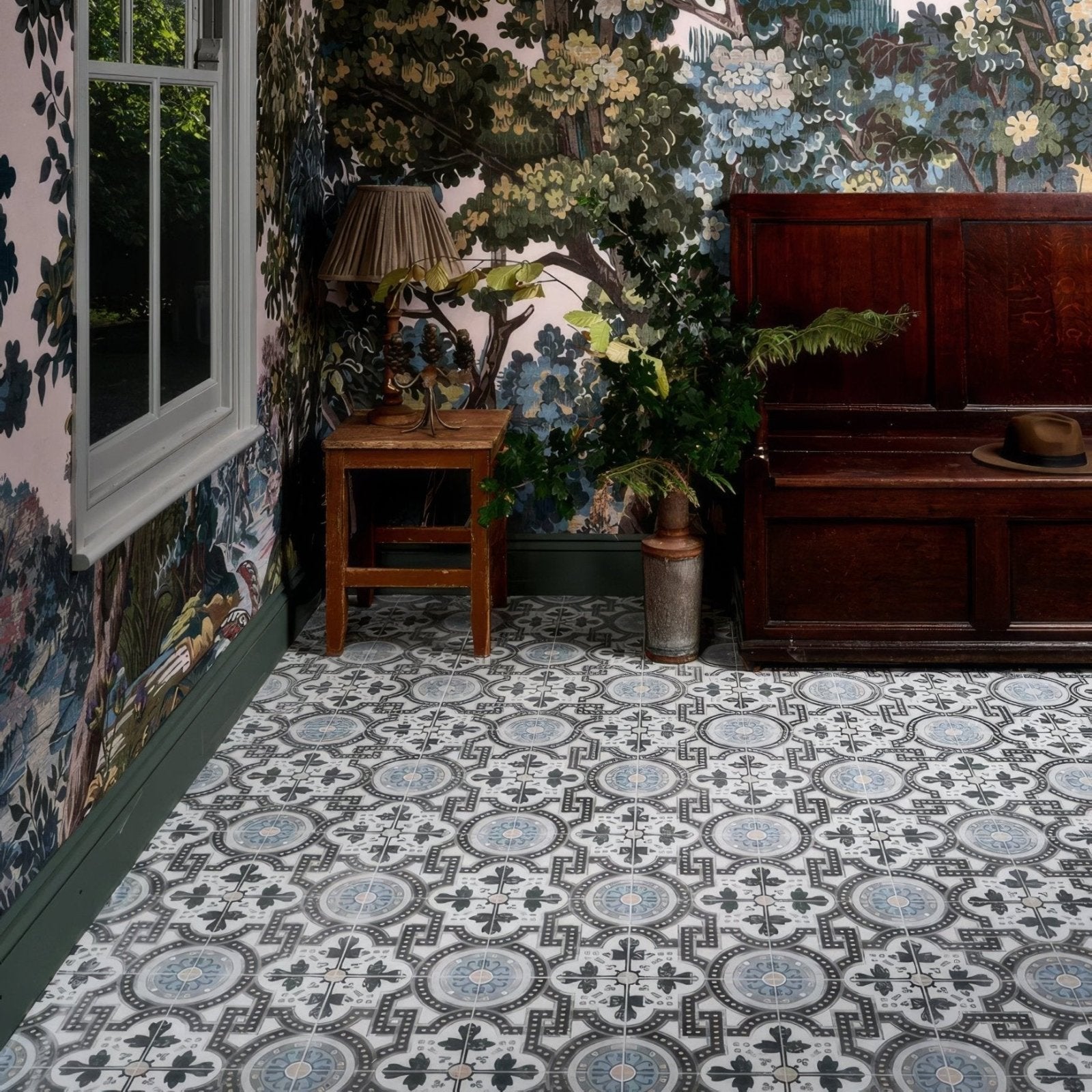 Patterned blue and gray orleans ceramic matt floor tiles with intricate geometric designs and a matte finish