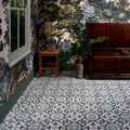 Patterned blue and gray orleans ceramic matt floor tiles with intricate geometric designs and a matte finish