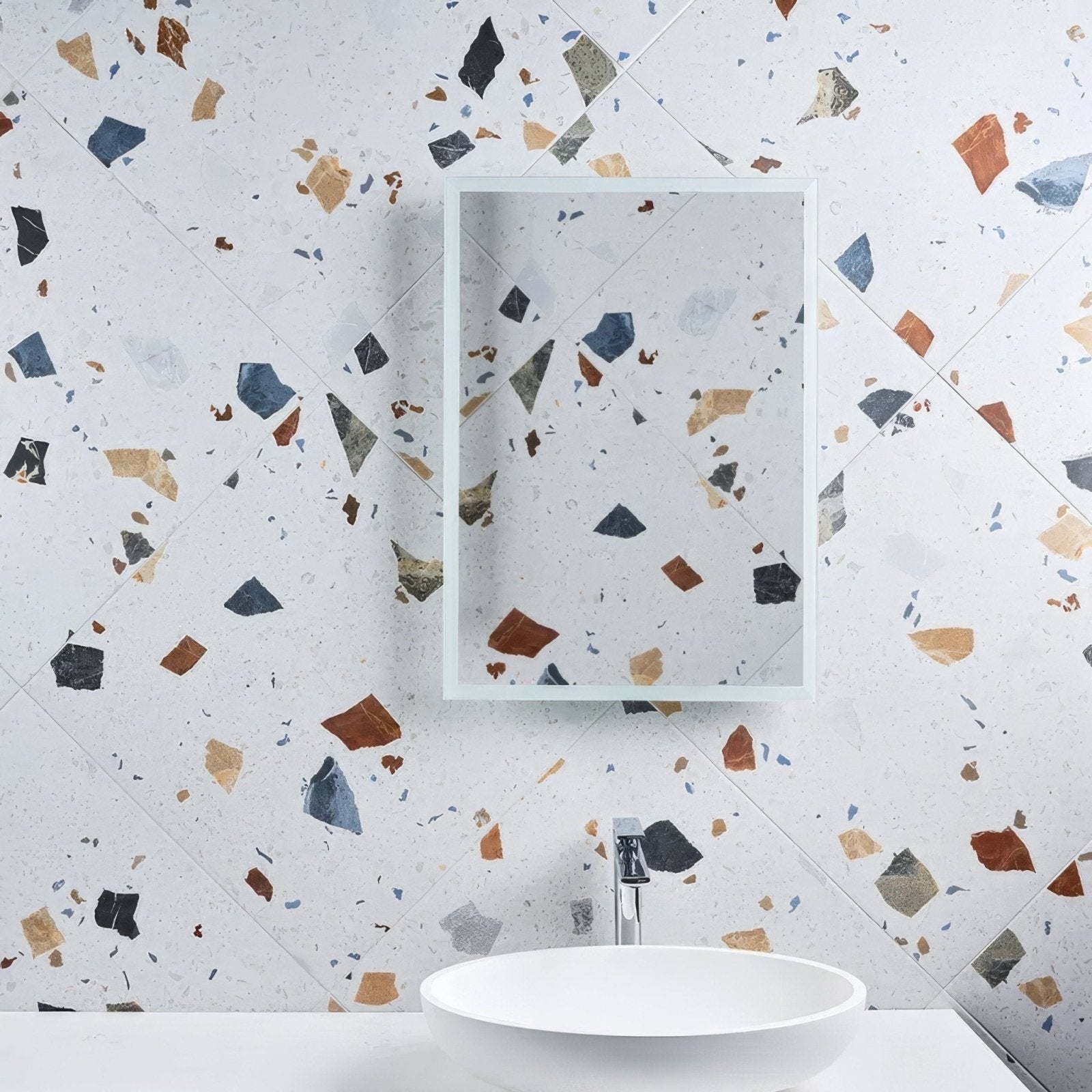 Piazza Porcelain Geo Pearl in a bathroom setting