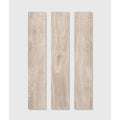 Three vertical light gray parterre porcelain planks with wood effect and natural grain patterns