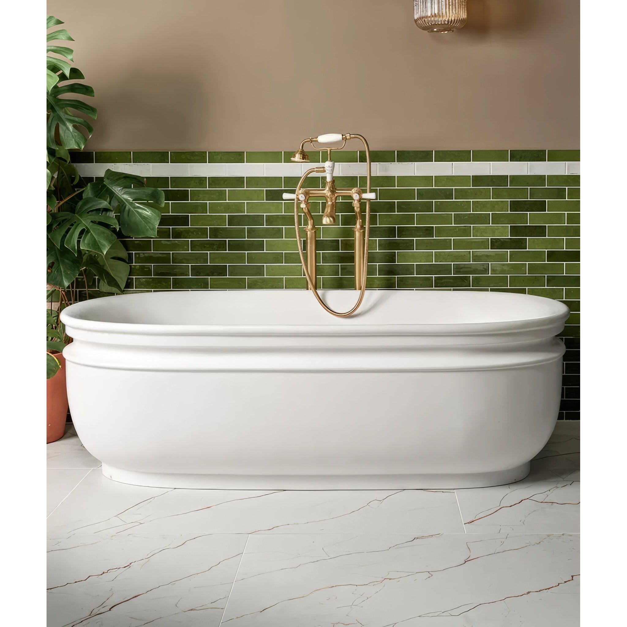 Soprano Porcelain 60 x 120cm cream marble-effect tiles with a freestanding bathtub