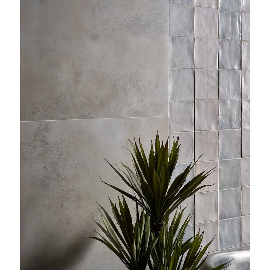 A tall spiky green yucca plant in front of smooth matte gray and glossy white southdown porcelain satin 60 x 120cm tiles