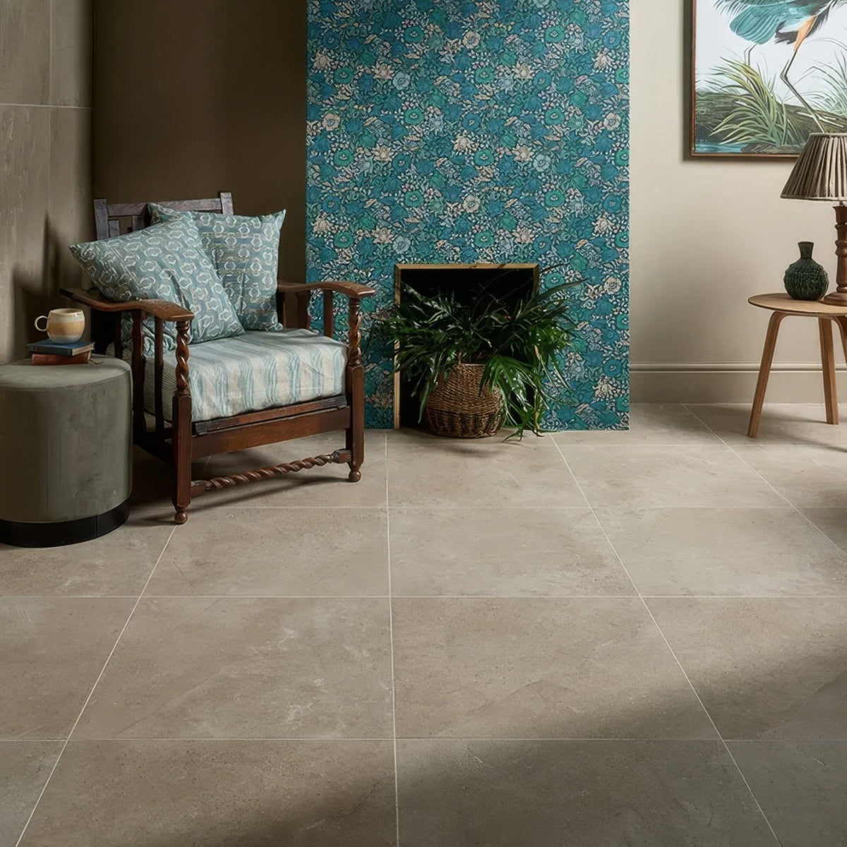 Beige Winchester porcelain satin floor tiles with stone effect, subtle veining, and a matte finish 60 x 60cm