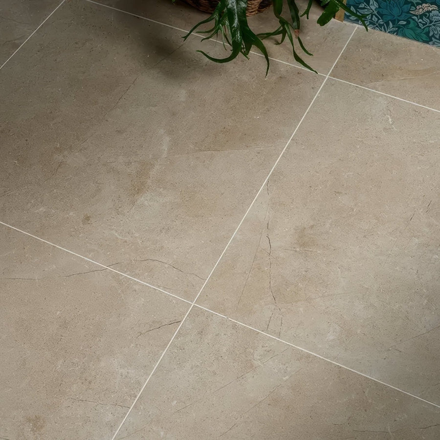 Beige marble-effect Winchester porcelain satin floor tiles 60 x 60cm with subtle veining and white grout lines