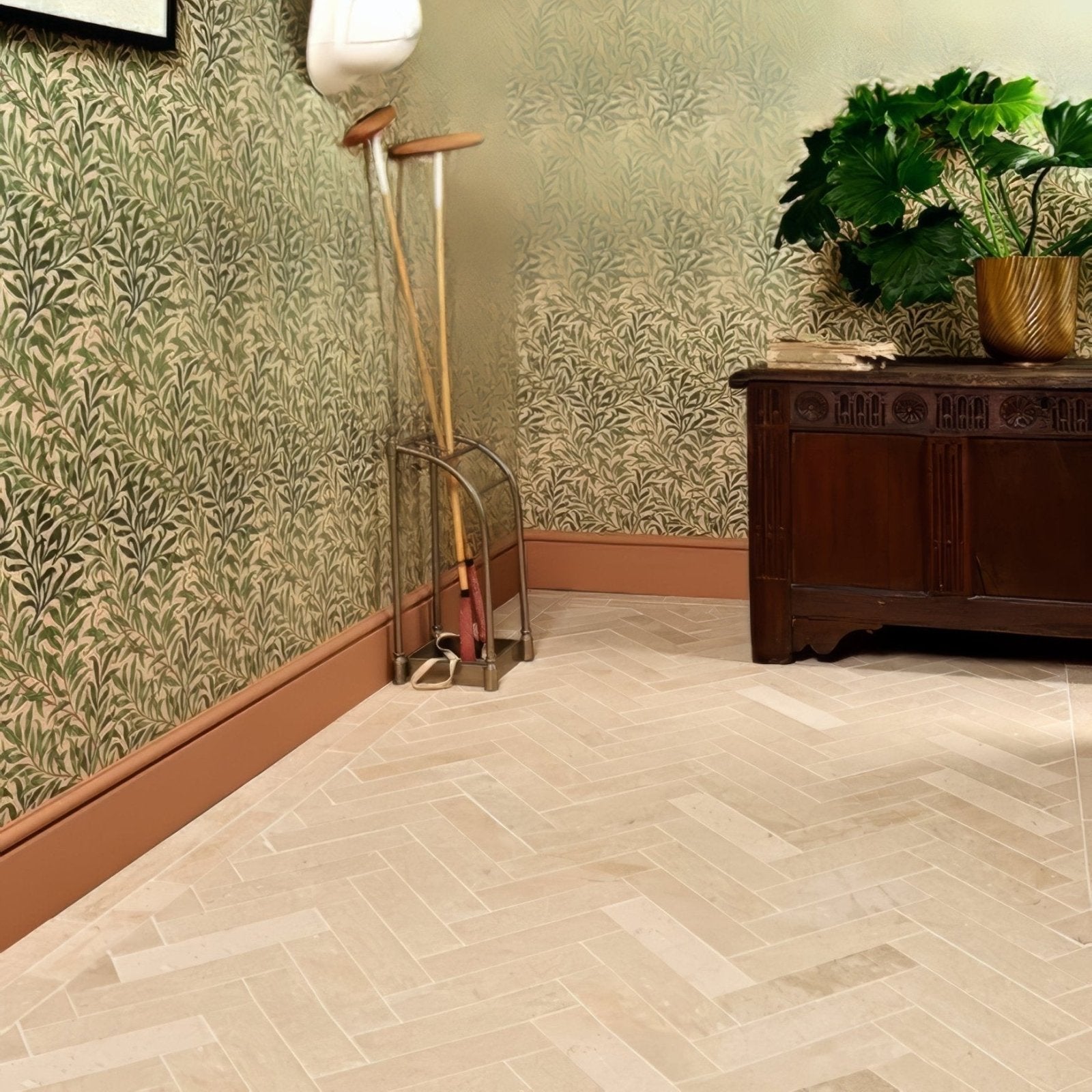 Beige herringbone patterned portland limestone honed parquet floor tiles for elegant indoor flooring designs