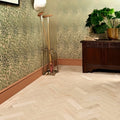 Beige herringbone patterned portland limestone honed parquet floor tiles for elegant indoor flooring designs