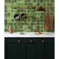 Green mosaic tile backsplash made of pottery porcelain in kale green square design for kitchen or bathroom walls