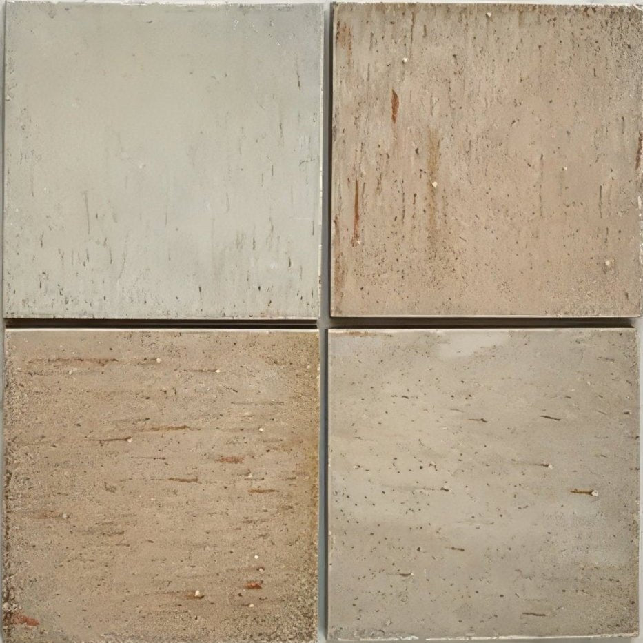 Four square stone tiles in earthy tones from light beige to warm brown featuring pottery porcelain oatmeal finish