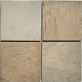 Four square stone tiles in earthy tones from light beige to warm brown featuring pottery porcelain oatmeal finish