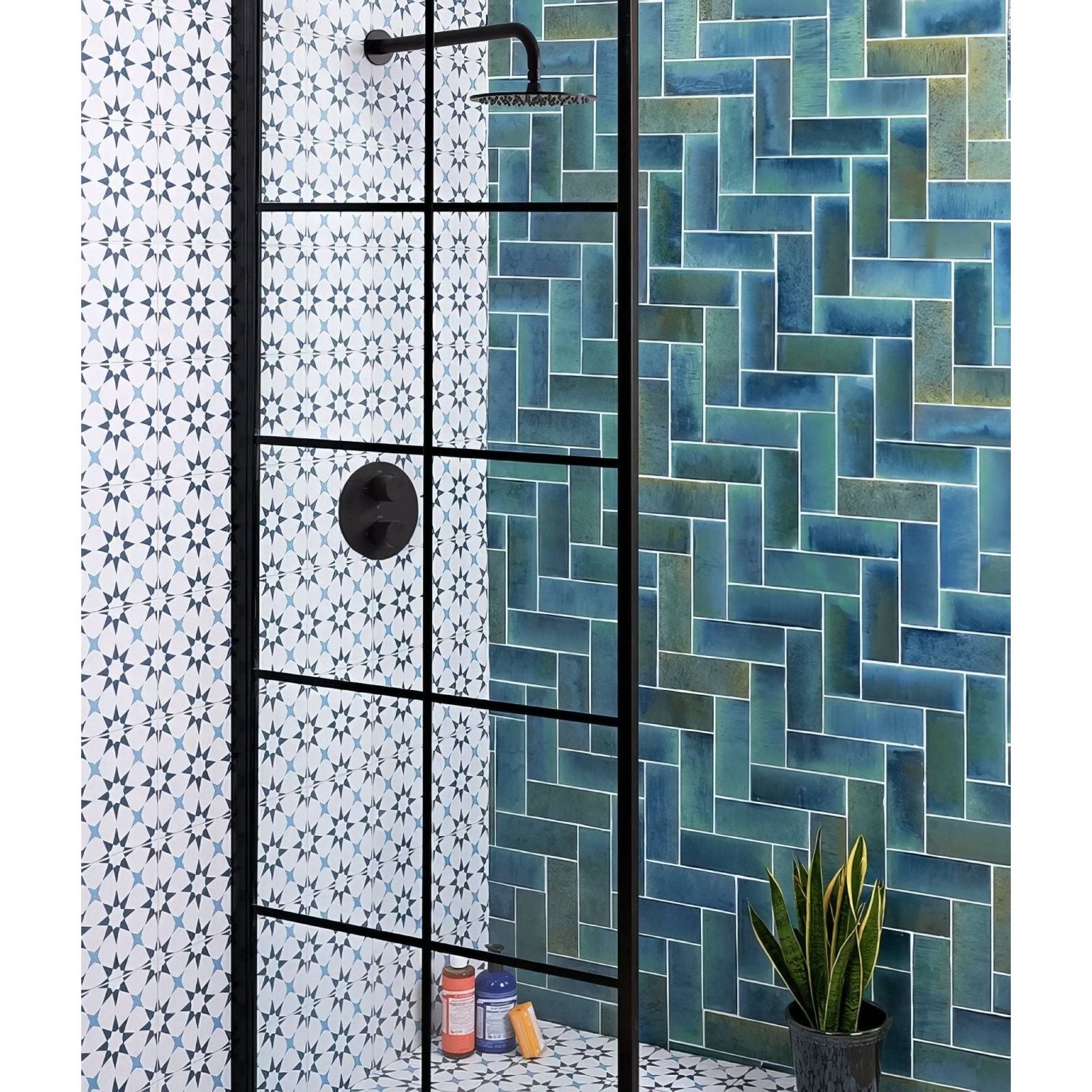 Black-framed shower enclosure with modern minimalist design featuring pottery porcelain ocean blue brick tiles