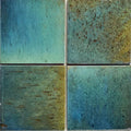 Four square ceramic pottery porcelain tiles with textured glazed surfaces in ocean blue teal and green shades