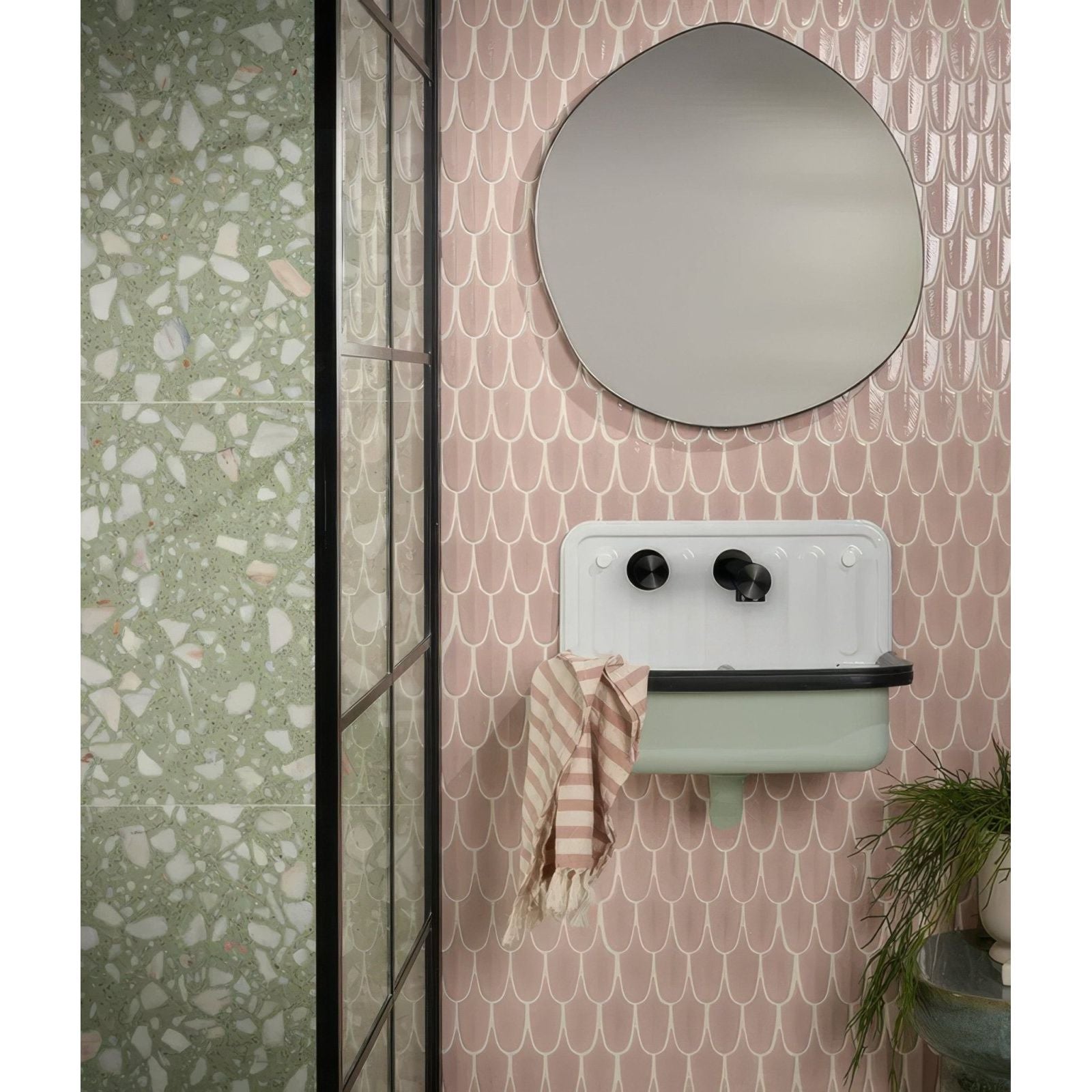 Preen Porcelain Mosaic Blush rose gold scalloped porcelain mosaic with a mint green wall-mounted sink
