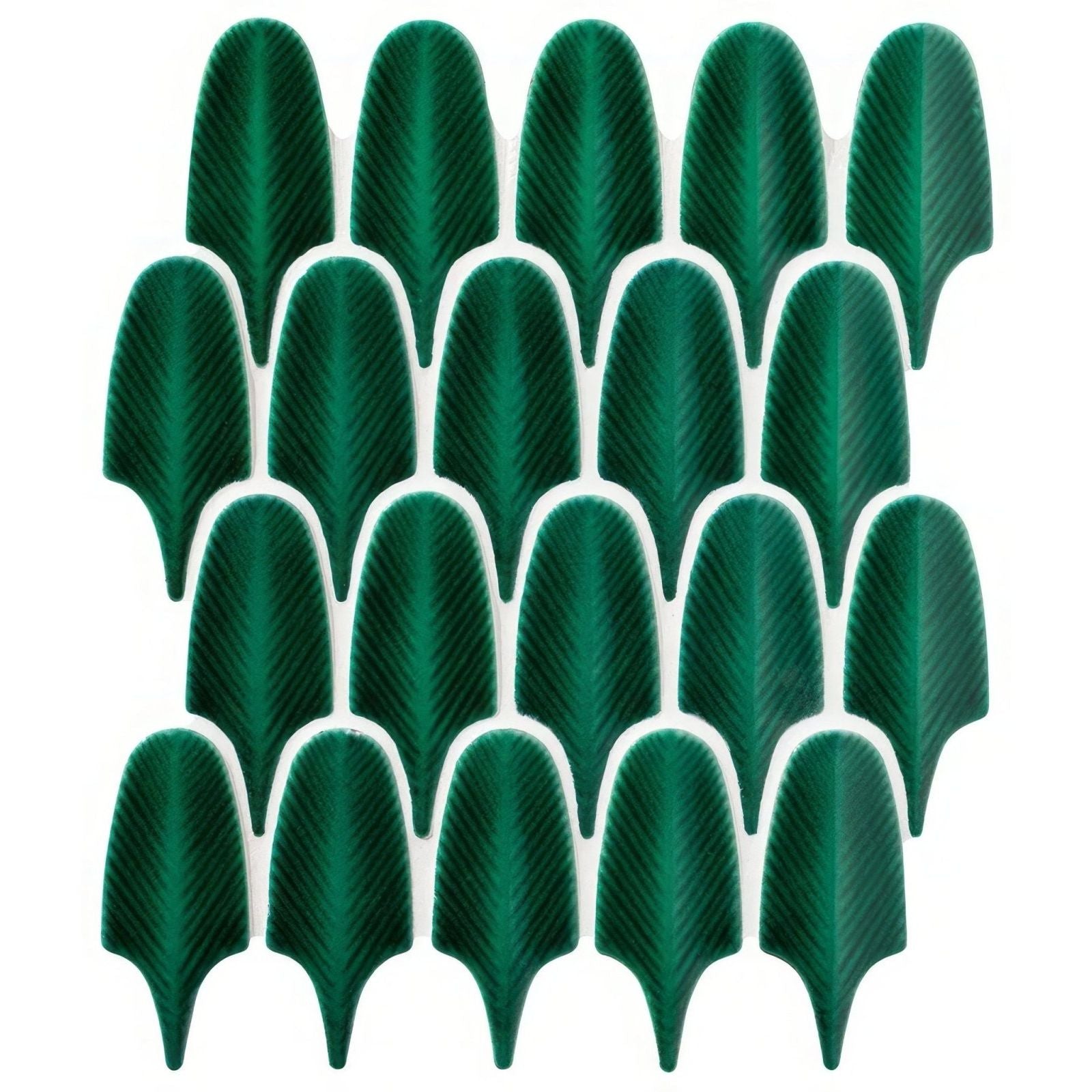 Deep green leaf shaped textured ceramic tiles from preen porcelain mosaic emerald collection