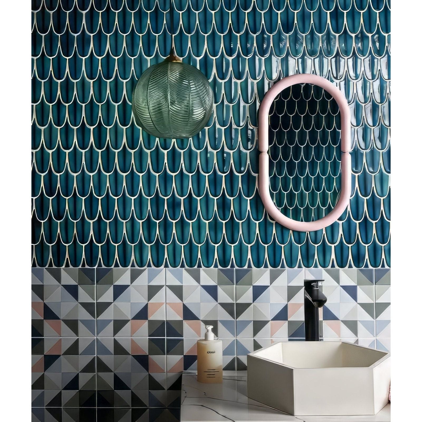Preen Porcelain Mosaic Verdigris teal porcelain fish-scale mosaic with a white hexagonal sink and black tap