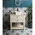 Preen Porcelain Mosaic Verdigris teal porcelain fish-scale mosaic with a cream vanity and hexagonal sink