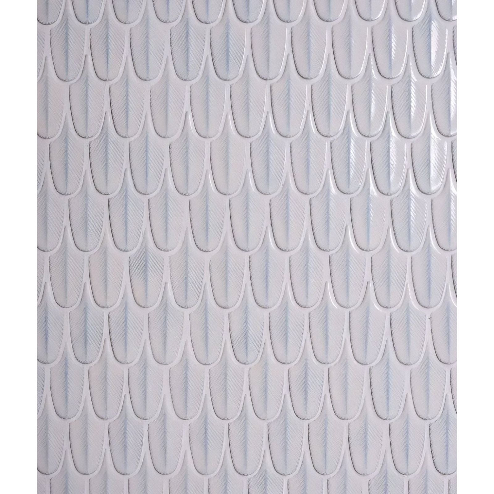 Preen porcelain mosaic white featuring white ceramic tiles with a subtle glossy finish and embossed scale pattern