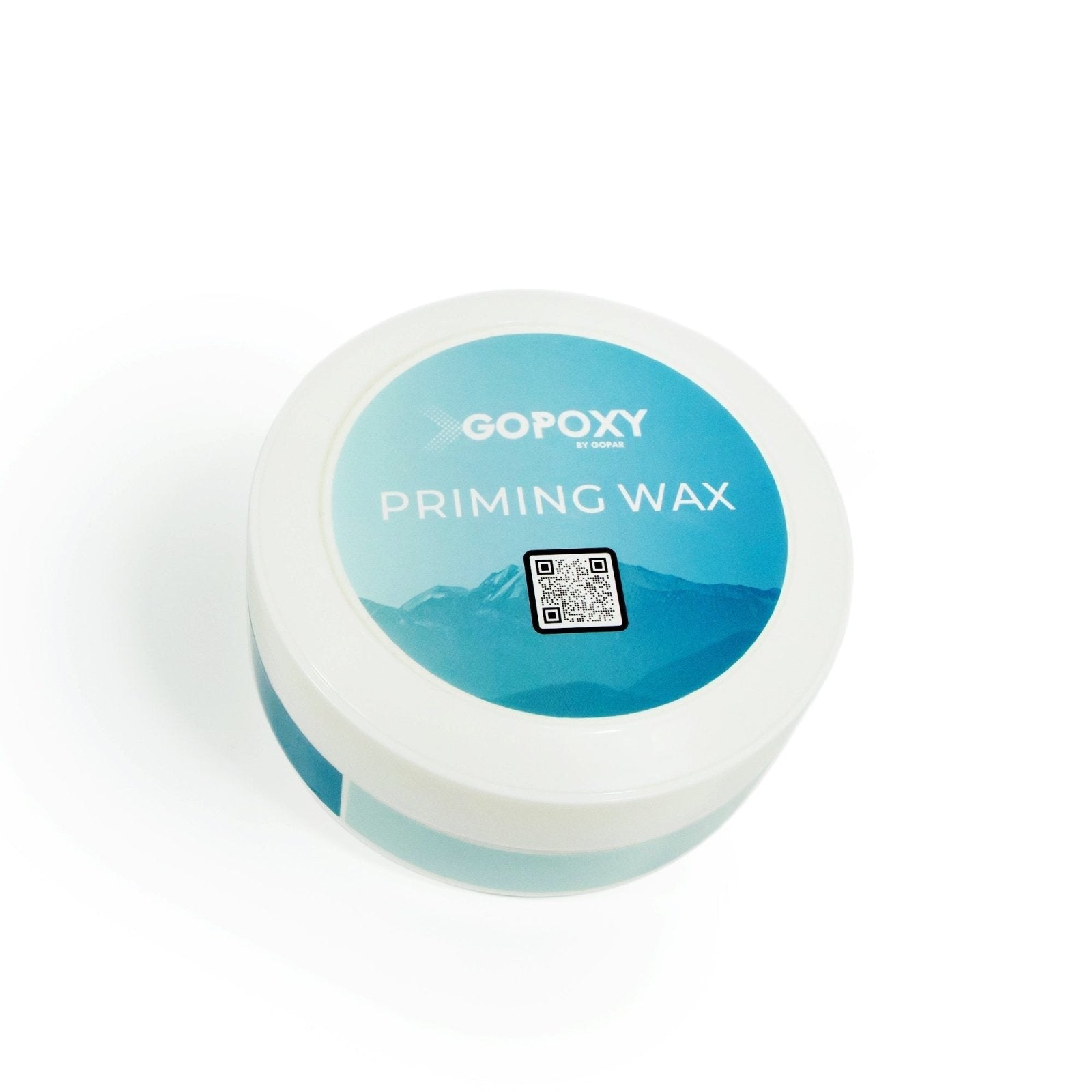 White round container of gopoxy priming wax with blue label featuring mountain imagery and a qr code