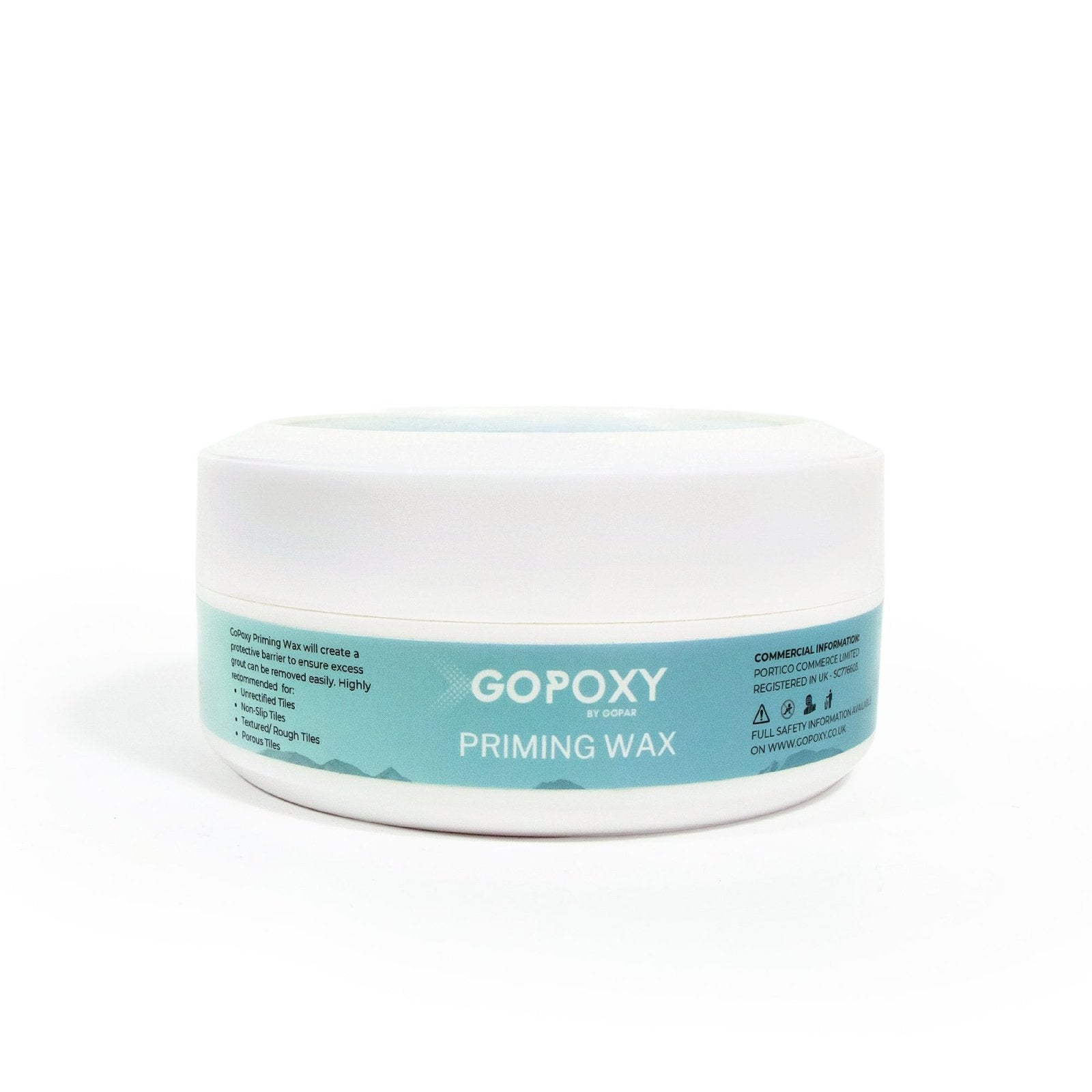 A white cylindrical container of gopoxy priming wax with a light blue label showing the brand and product type