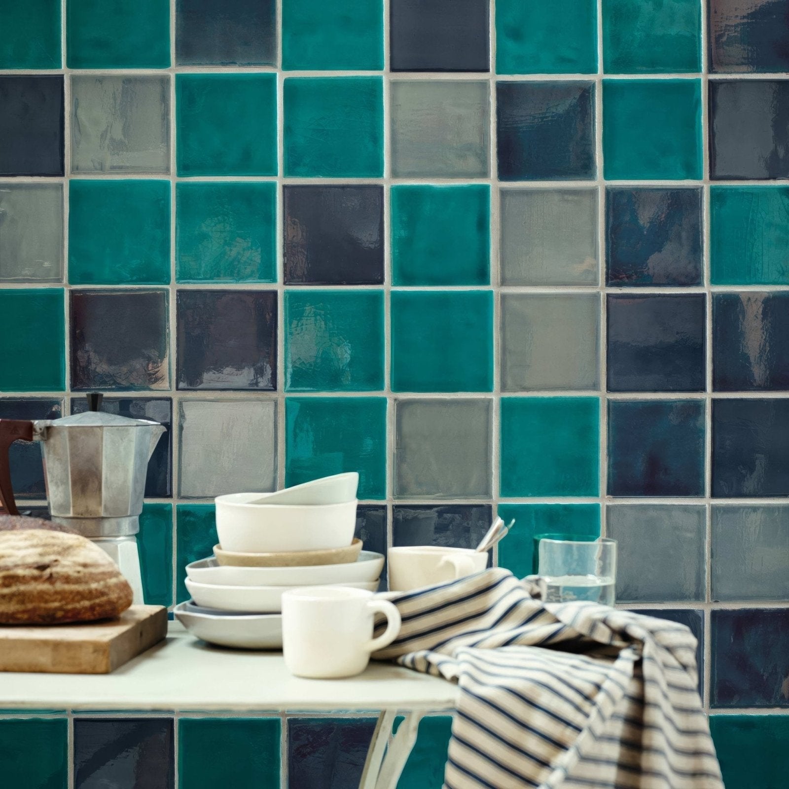 Provence aspremont square teal and gray glass mosaic tile backsplash for kitchen and bathroom walls