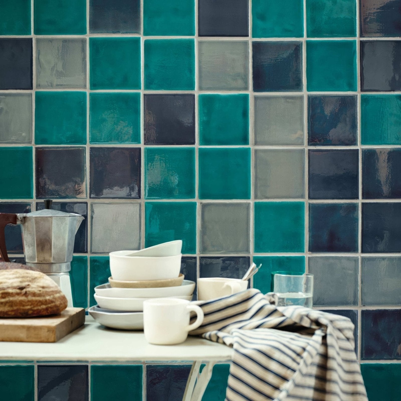 Provence monaco square teal and gray mosaic tile backsplash with glass material for kitchen and bathroom walls