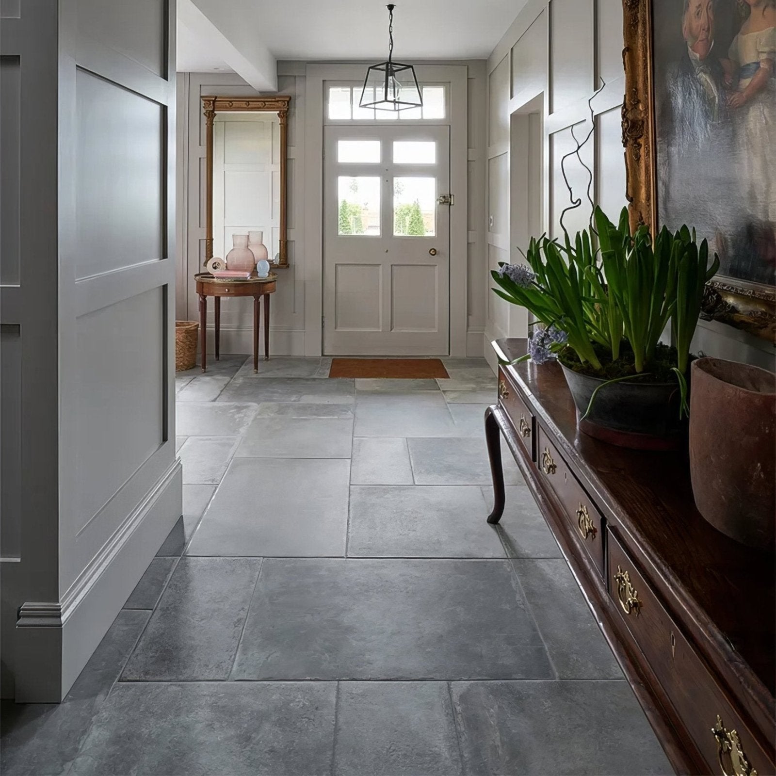 Gray stone porcelain floor tiles in cenere color from the provence collection showcasing natural texture