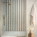 Provence toulon rectangle shower wall featuring vertical stripes of light gray and white rectangular tiles