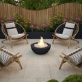 Pulse Bone Tiles beige stone-effect paving with a fire pit