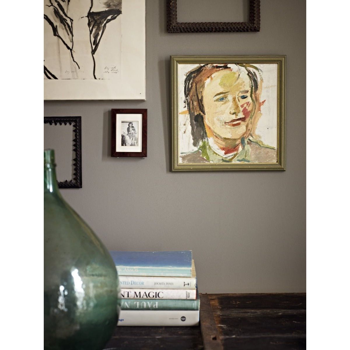 A framed portrait painting titled pumblechook with expressive brushstrokes in a muted palette and ornate gold frame
