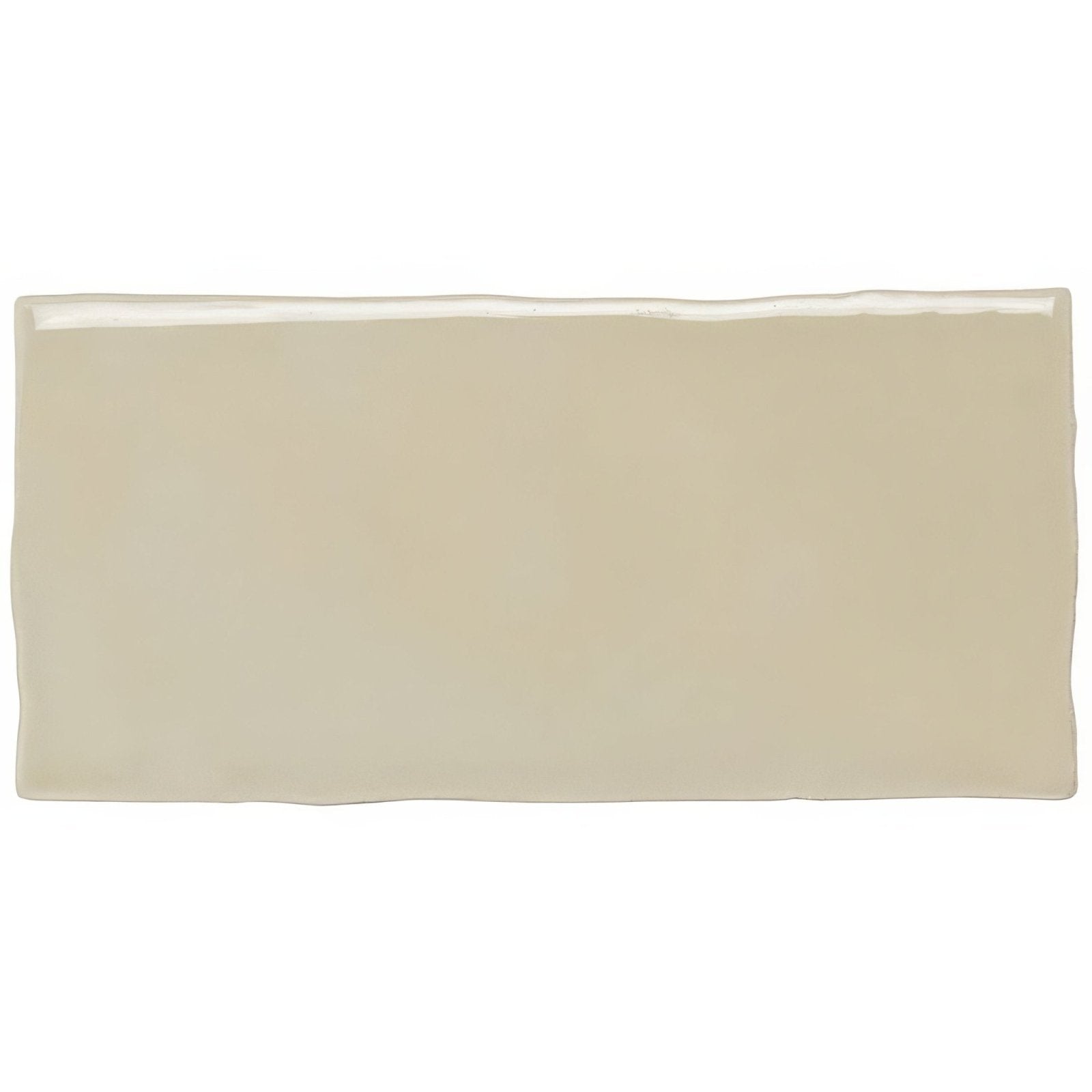 Beige rectangular ceramic pumice half tile wall tile with glossy finish and slightly irregular edges