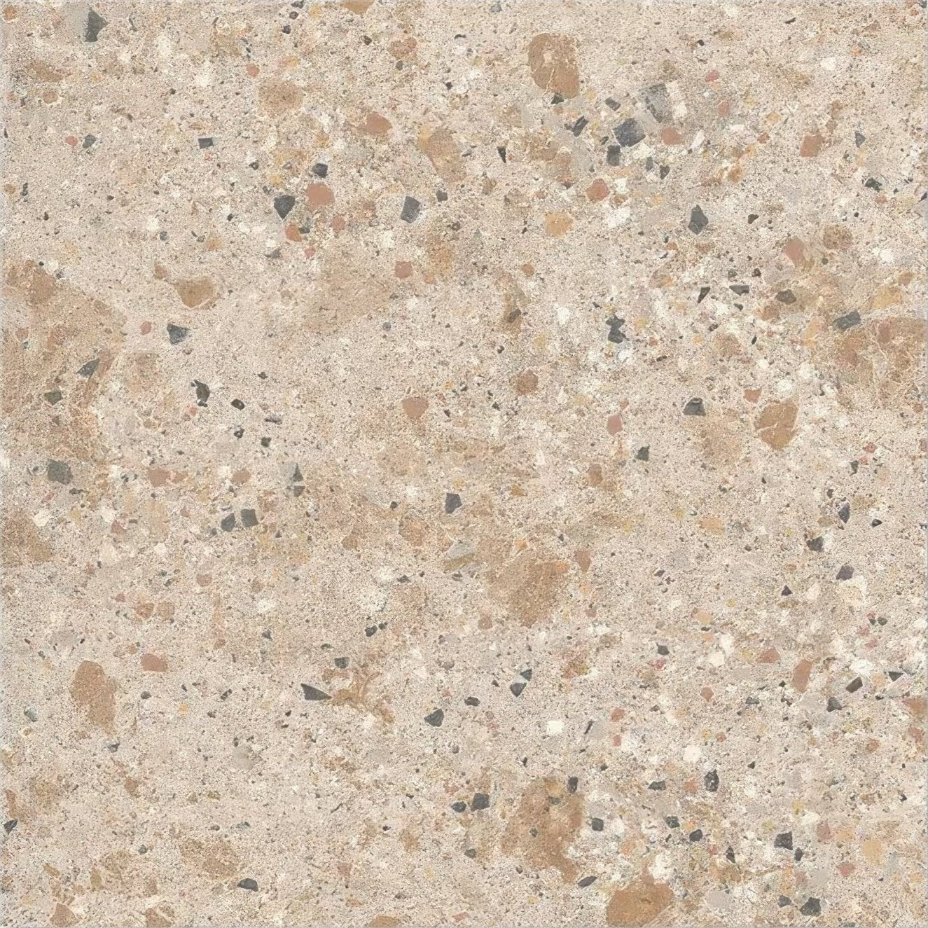 Beige pumice porcelain camel tile with terrazzo speckled pattern in brown black and gray fragments