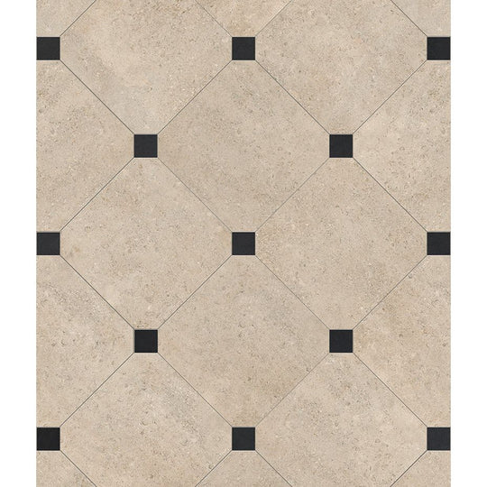 Purbeck Porcelain 60 x 120cm beige fossil-stone floor in a room setting