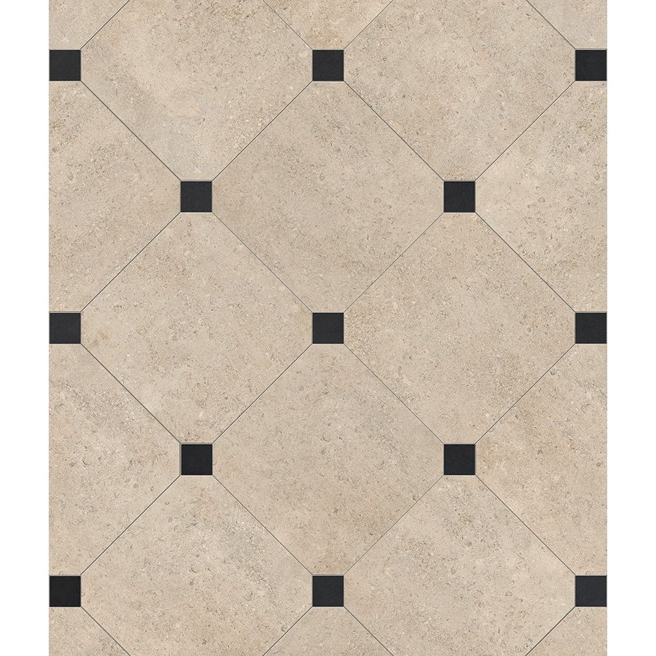 Purbeck Porcelain 60 x 120cm beige fossil-stone floor in a room setting