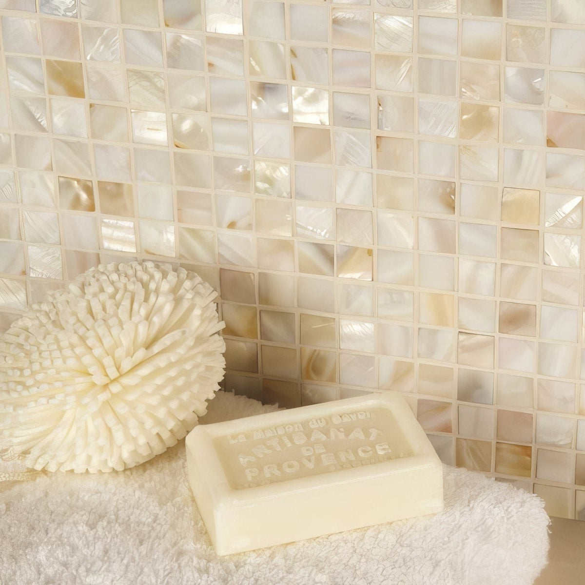 Purity Shell Mosaic ivory mother-of-pearl mosaic with a cream bar of soap