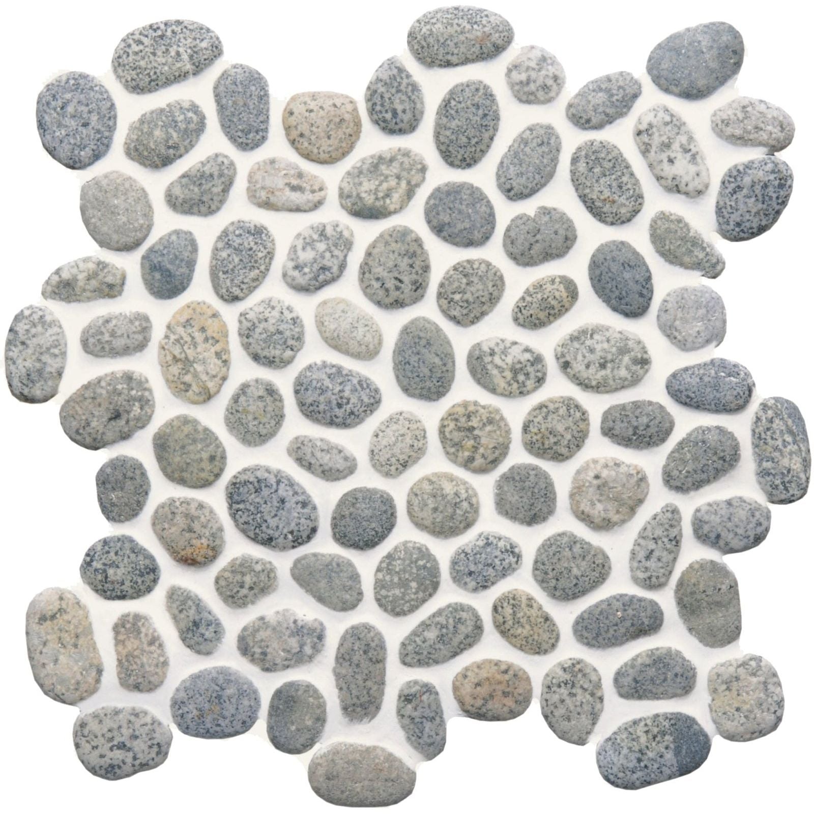 Quail Maui pebble mosaics with gray and beige smooth rounded river rock mosaic tile arranged in a natural pattern