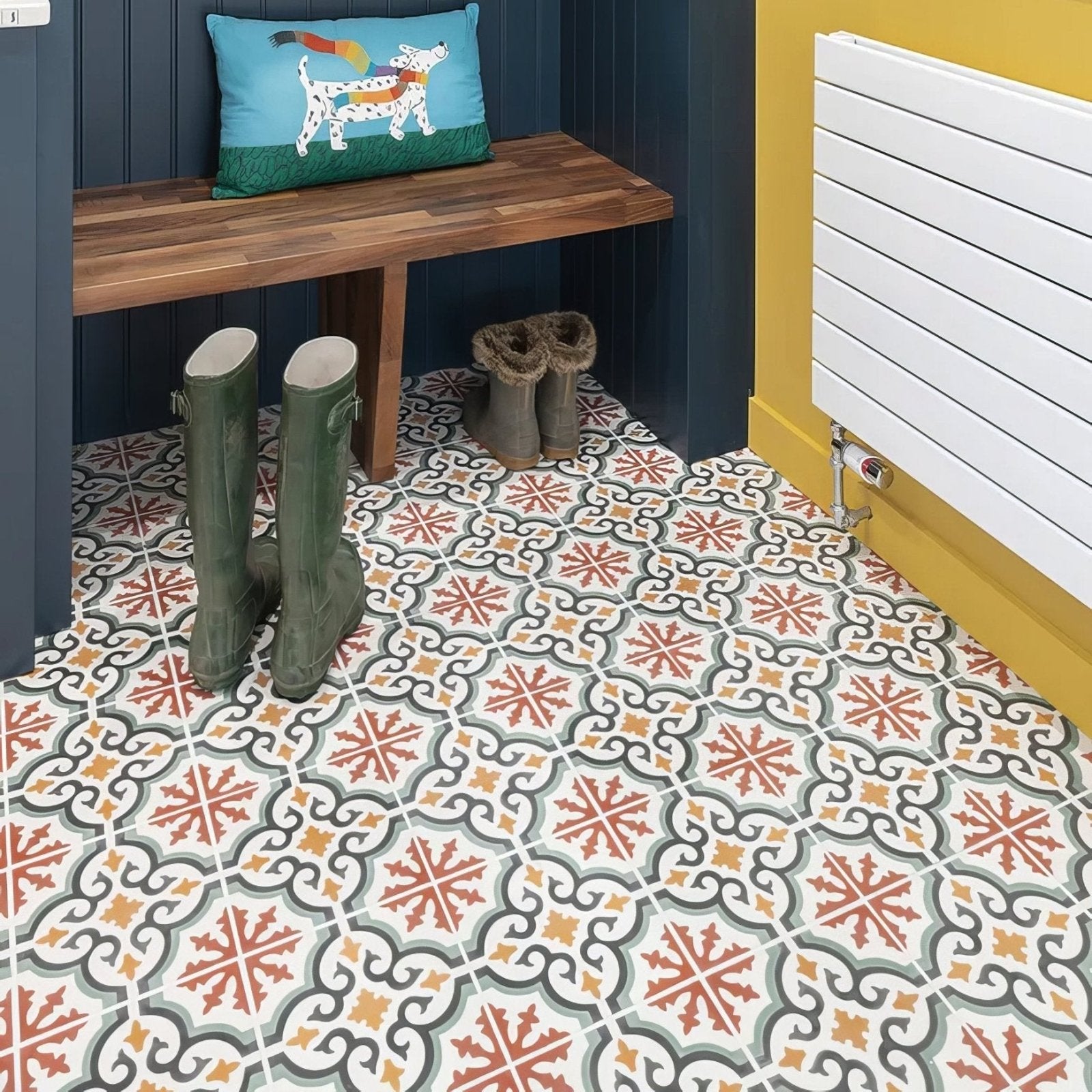 Patterned quintessential porcelain salisbury floor tiles with red orange gray and white geometric design