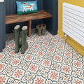 Patterned quintessential porcelain salisbury floor tiles with red orange gray and white geometric design