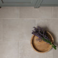 Quintili beige 40 x 60cm rustic wooden round tray with a bundle of dried purple lavender for decorative use