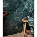 A dark green marble-patterned rainforest porcelain jade bathroom wall with subtle veining and a glossy finish