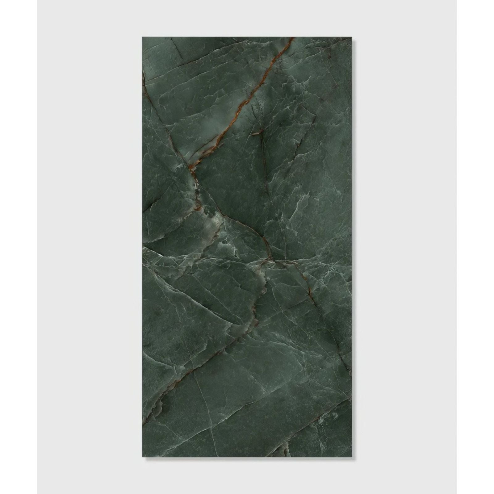 Dark green rainforest porcelain jade tile with subtle veining and polished reflective marble-like surface