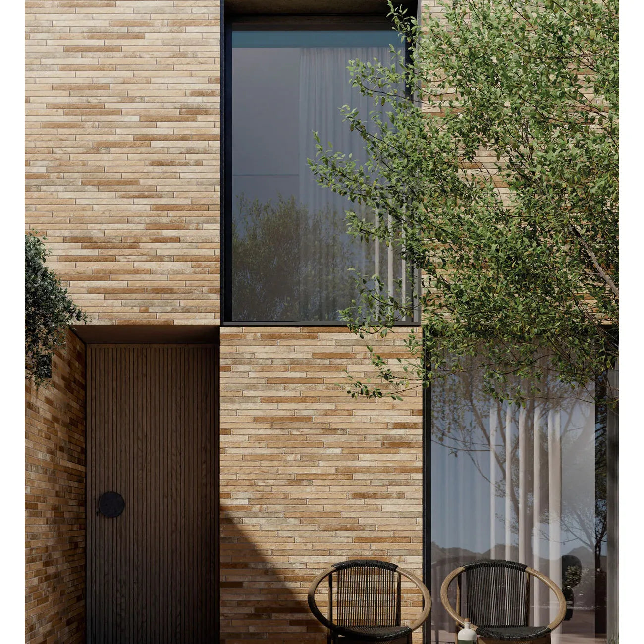 Two woven rattan chairs with dark curved frames beside ramsbury multi terracotta effect floor tiles
