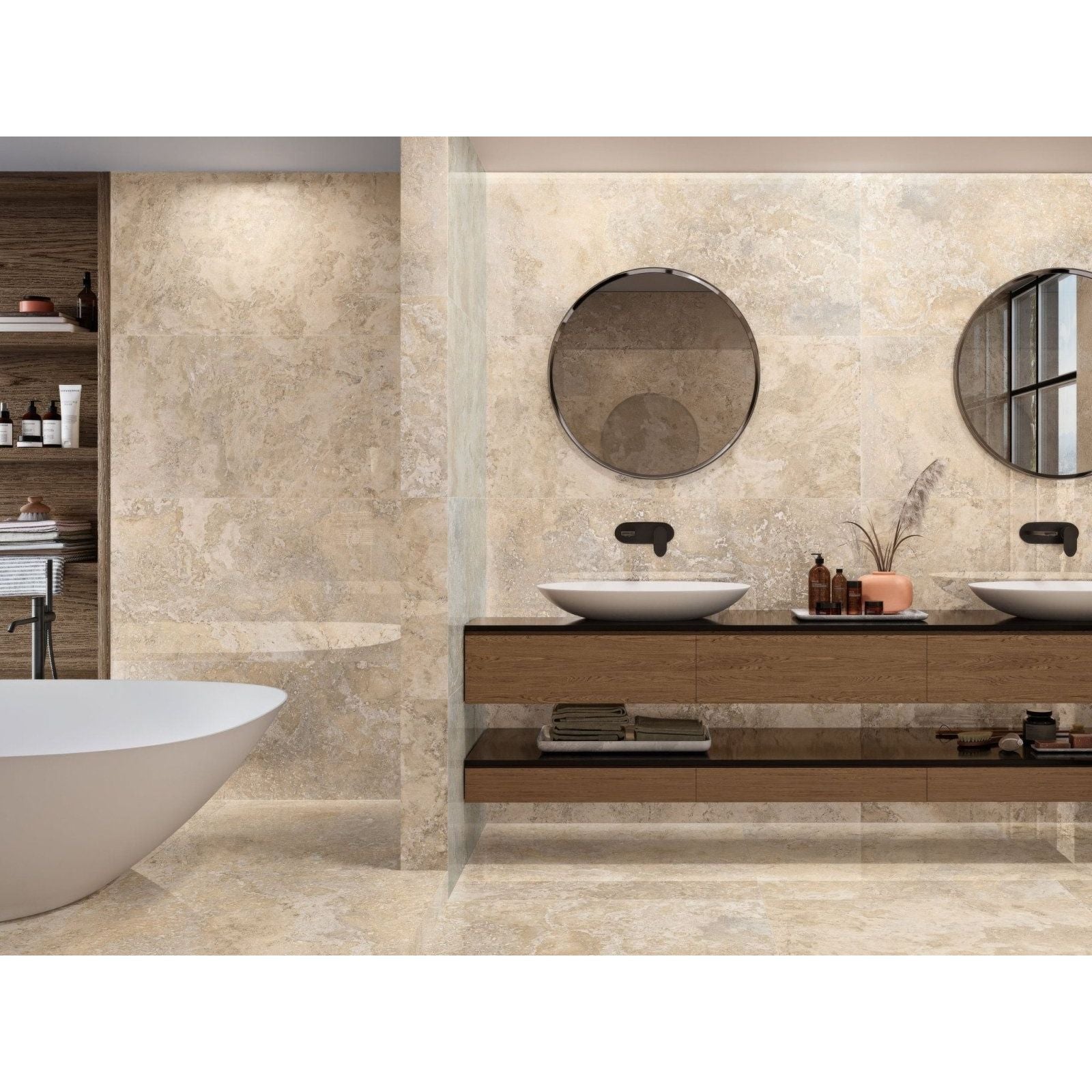 Rapolano 1868 Caramel Polished beige marble-effect tiles with a double-sink vanity