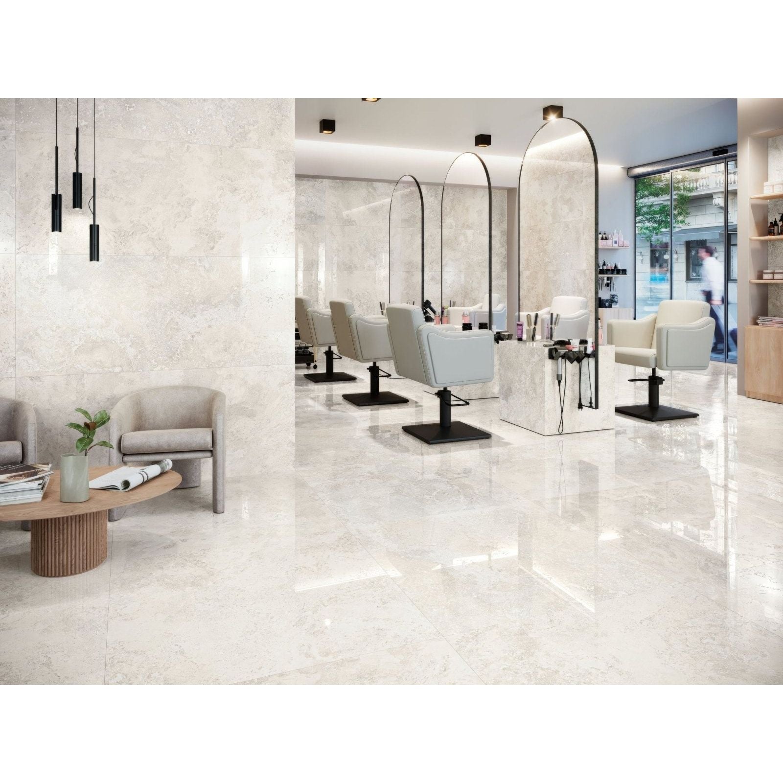 Rapolano 1868 White Polished cream marble-effect tiles in a modern salon